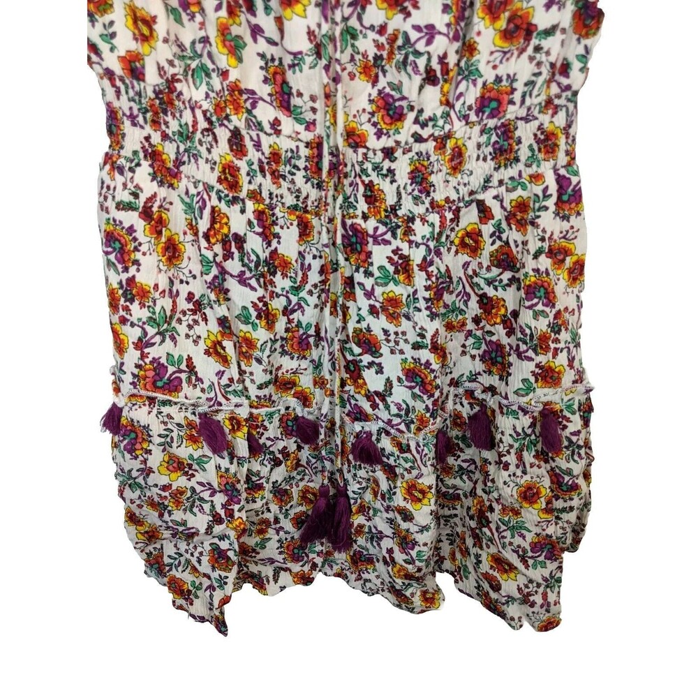 Raga Mini Tunic Dress Floral Tassel Shirred Bohemian Off Shoulder Size Small - Picture 9 of 11